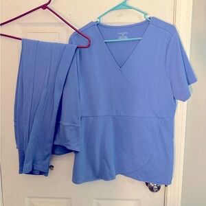 Jaanuu Ceil Blue Yoga Pants & Tulip Top Scrub Set size L pants XL top -stretch!